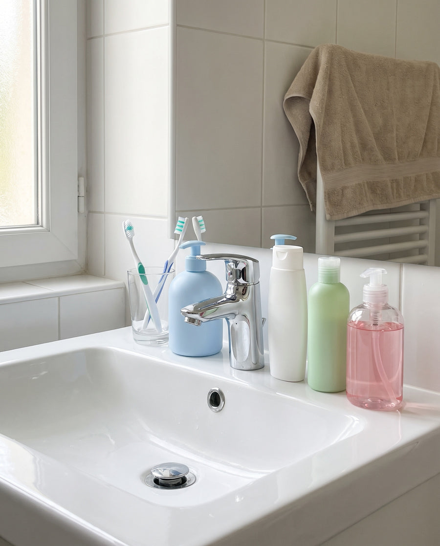 Lavabo encombré de flacons de supermarché dépareillés