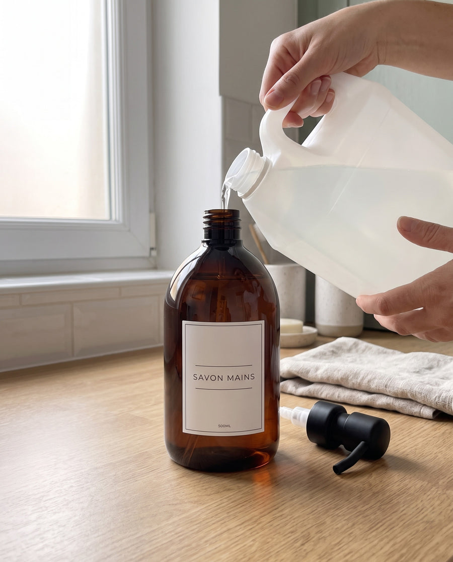 Recharge d'un distributeur Sweet Label avec un bidon de savon