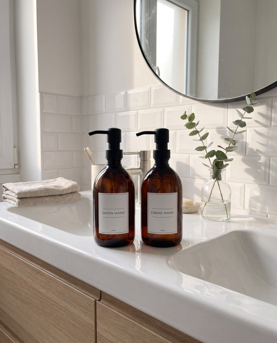 Deux distributeurs Sweet Label dans une salle de bain rangée