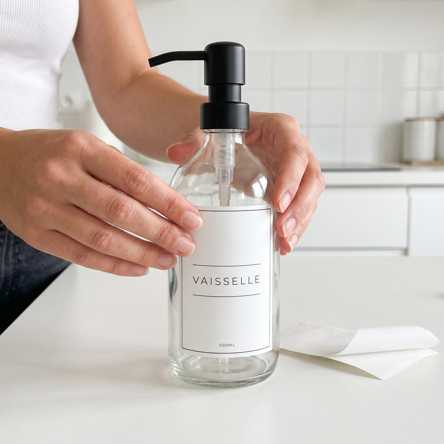 Pose d'une étiquette Vaisselle sur un distributeur en verre
